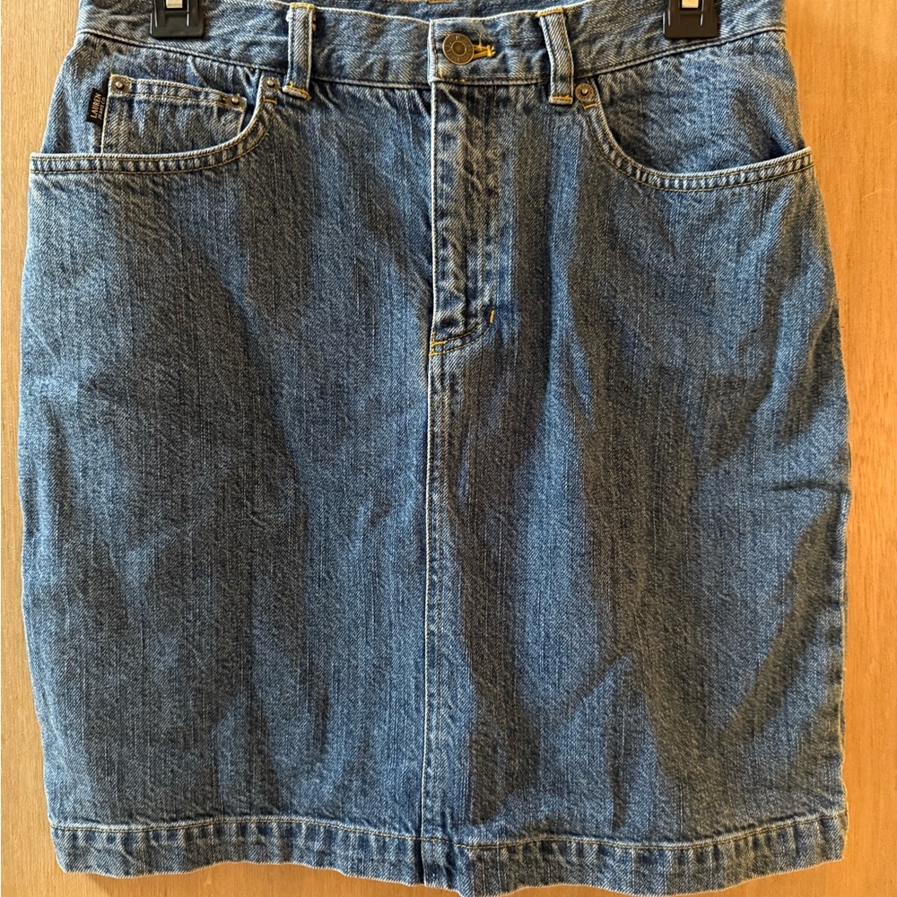 Ralph Lauren Blue Denim Jean Skirt with Leather Patch